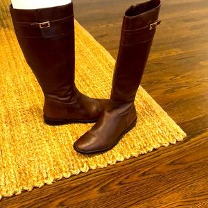 Chocolate brown riding boots with gold hardware